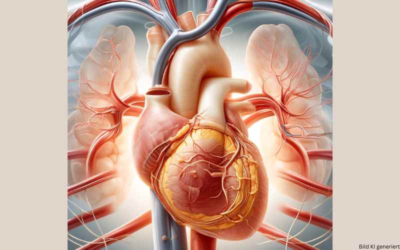 Die Darstellung zeigt das menschliche Herz mit den Hauptblutgefäßen und hebt die verdickte und geschwächte Stelle der aufsteigenden Aorta hervor.