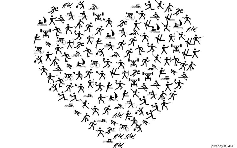 Symbole verschiedener Sportarten, die so zusammengestellt sind, dass sie ein Herz bilden